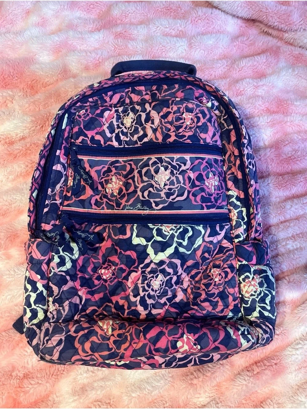 Vera Bradley Navy Floral Quilted Backpack with Pink Accents